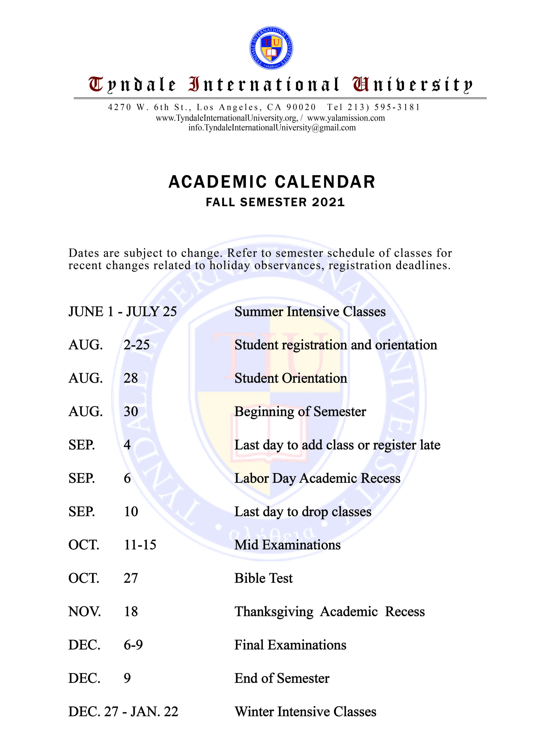 Academic Calendar Tyndale International University