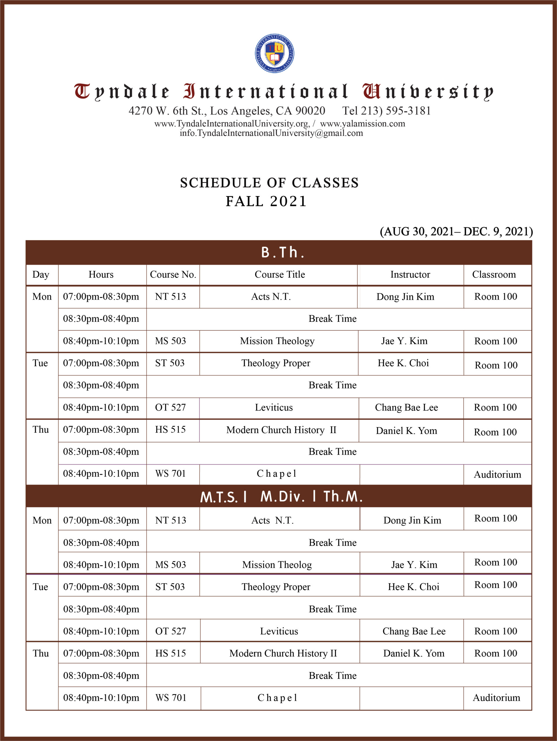 Course Schedule Tyndale International University