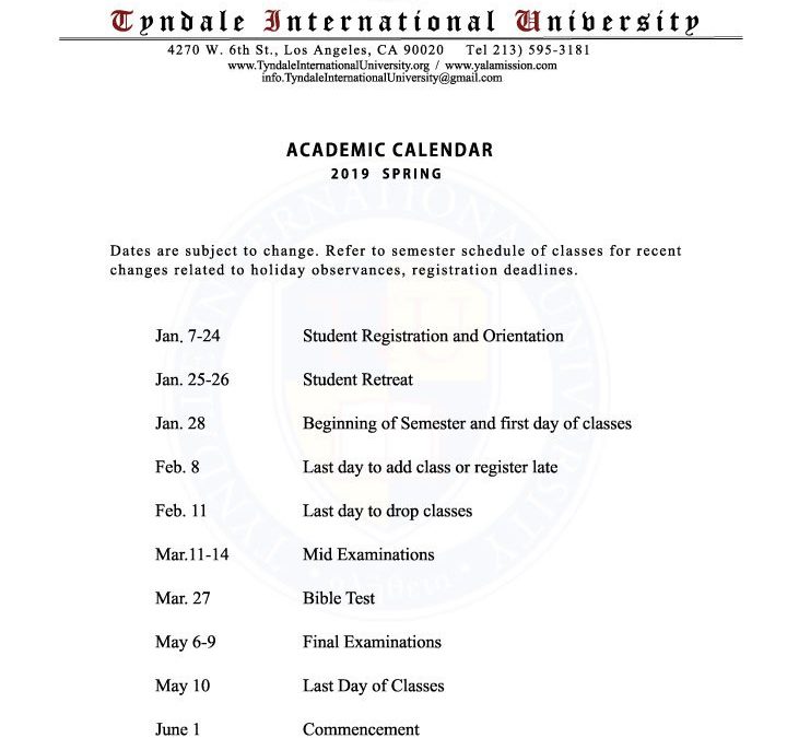 2019 Spring Academic Calendar