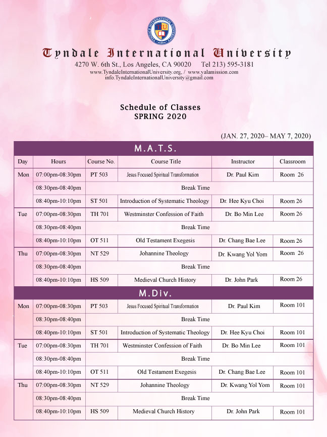 Schedule of Class 2020 Spring Tyndale International